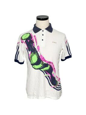 Spirale Mens 90s Polo Shirt White Multicolor Graphic Medium Short Sleeve Cotton